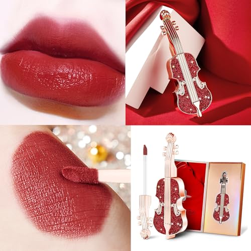 Long Lasting Matte lipstick in Velvety Red, Unique Violin Appearance Design, Waterproof Durable Mist Liquid Lipstick with Gift Box (Red)