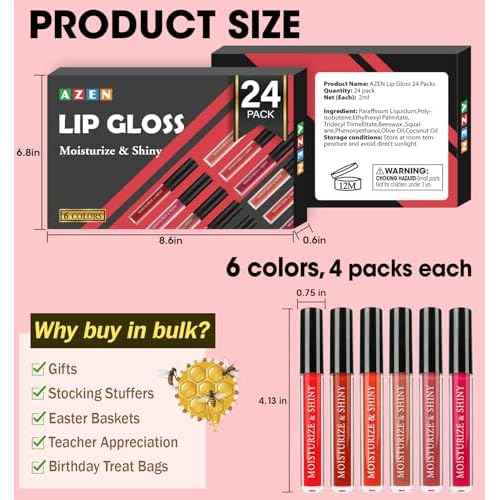 AZEN 24 Pack Lip Gloss Bulk Set, Shimmery Lip Gloss for Women and Girls With Rich Varied Colors