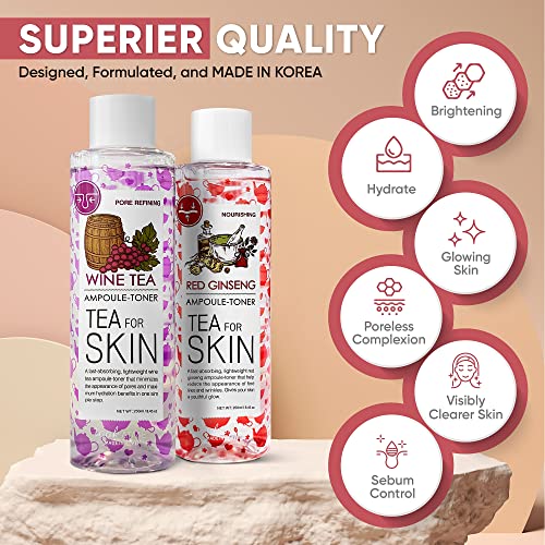 Korean Toner for Face, Wine Tea & Red Ginseng Essence Toner 2pcs Set, Hydrating Toner Korean, Alcohol Free, for Acne, Oily, Combination or Dry Skin, Low pH Balancing & Pore Minimizing Toners for Women