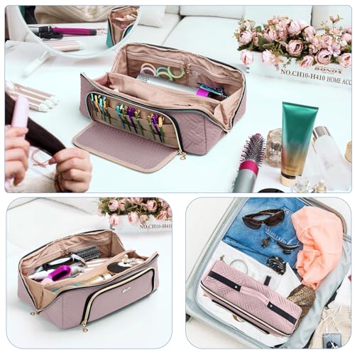 ELCUPA Pink Large Travel Hair & Makeup Organizer Bag with Heat-Resistant Mat