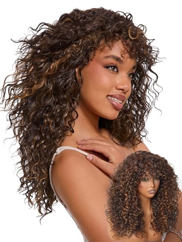 Frodio Bouncy Curly Wig with Bangs – 20 Inch Brown Glueless Headband Wig for Women