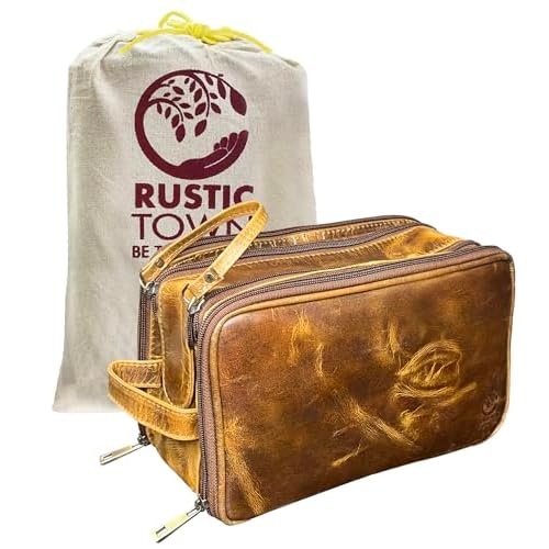 RUSTIC TOWN Leather Toiletry Bag - Men Shaving Ditty Kit - Women Cosmetic Bag Makeup Organizer for Travel Size Toiletries