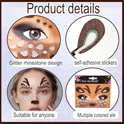 Glitter Christmas Reindeer Face Stickers - Brown Elk Tattoo