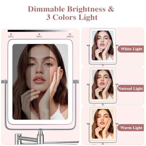 Wall Mounted Lighted Makeup Mirror, Rectangle Double Sided 1X/7X Magnifying Bathroom Height Adjustable Mirror, Rechargeable 3 Color and Dimmable Lights, Extended Arm 360 Rotation Shaving Vanity Mirror