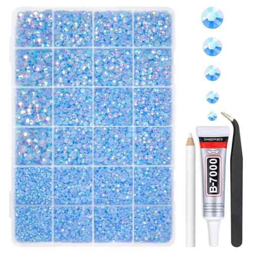 Resin Flatback Rhinestones w B7000 Jewelry Glue for Bedazzling Crafting 2mm-6mm Gems Stones Diamonds for Nails Eyes Face Makeup Tumblers Mugs Bottles DIY Crafts (Light Blue, Jelly)