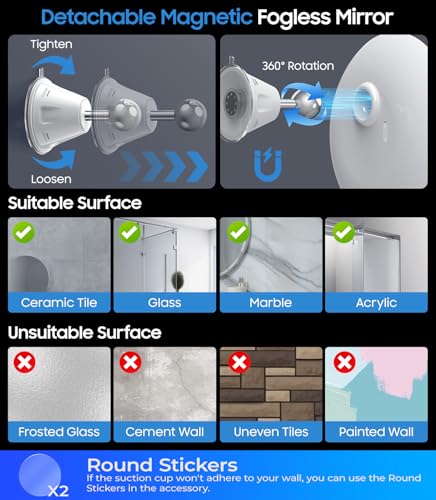 Gospire Heated Fogless Shower Mirror - 8.3" Anti-Fog with 360° Rotation & Rechargeable Battery