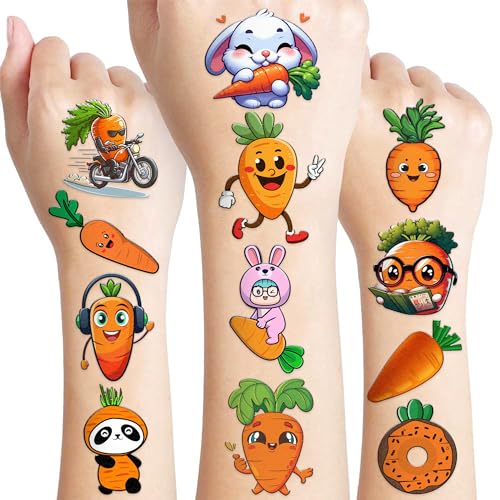 117 PCS Funny Vegetable Carrot Temporary Tattoos Sticker Fruit Carrot Bunny Birthday Party Decor Decorations Supplies Favors Gifts Boys Girls Baby Shower Cute Fake Tattoo School Reward Themed