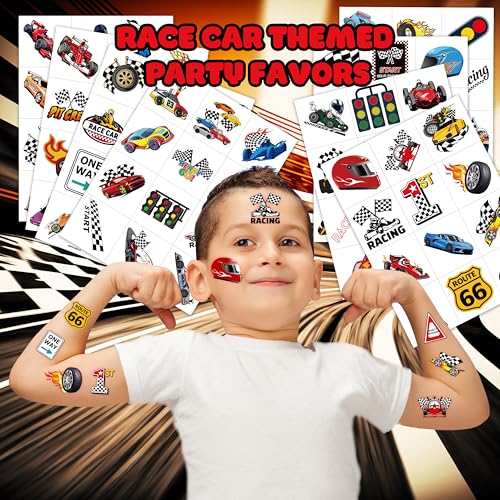 96 PCS Race Car Pre-Cut Temporary Tattoos Sticker Racing Pit Crew Checkered Flag Birthday Party Decorations Favors Supplies Gifts Boys Girls Cute Fake Tattoo School Prizes Carnival Theme (Normal)