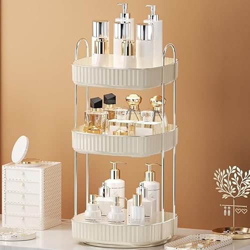 360¡Æ Rotating Makeup Organizer, Spinning Bathroom Organizer Countertop, Large Capacity Cosmetics Skincare Organizer for Bathroom Vanity Dresser Table (Cream, 3 Tiers)