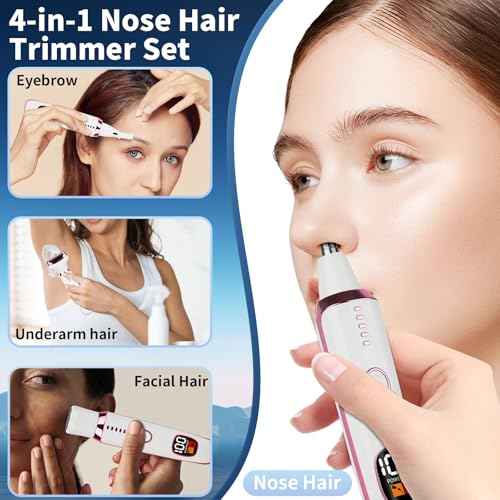 2025 Rechargeable Nose and Ear Hair Trimmer with LED Dispaly for Women Men,4 in 1 Painless Eyebrow & Facial Hair Trimmer with Powerful Motor,Ladies Wet & Dry Electric Razor (White)