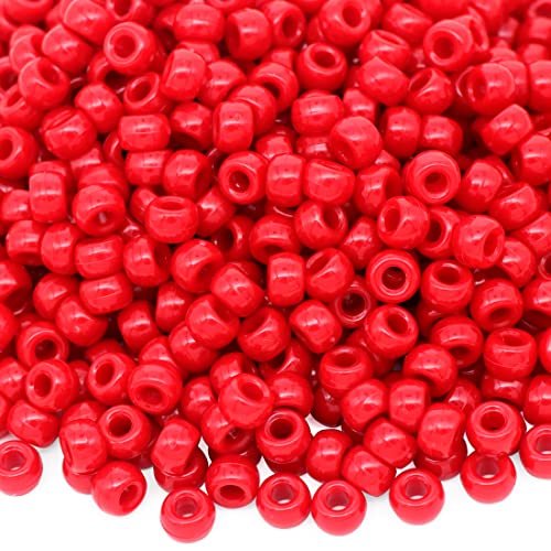 Auvoau 1000Pcs Pony Beads Bracelet 9mm Red Plastic Barrel Pony Beads for Necklace,Hair Beads for Braids for Girls,Key Chain,Jewelry Making (Red)