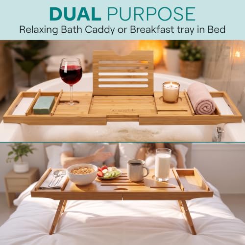 Bamboo Bath Caddy Tray with Adjustable Arms & Wine Glass Holder