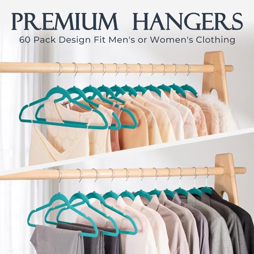 HOUSE DAY Mint Green Velvet Hangers 60 Pack, Premium Clothes Hangers Non-Slip Felt Hangers, Sturdy Mint Green Hangers Heavy Duty Coat Hangers, Durable Suit Hangers Space Saving No Hanger Mark