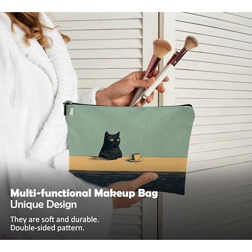 Black Cat Makeup Bag, Cat Cosmetic Bags for Women, Cats Lover Mom Lady Gifts for Women, Vintage Coffee Black Kitten Zipper Makeup Pouch