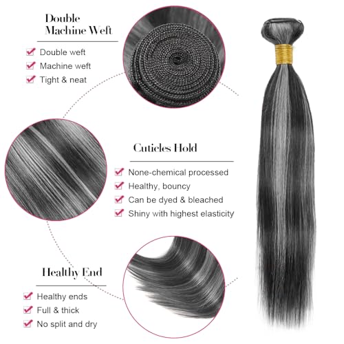 Fridnae Grey P1BGrey Straight Human Hair Bundles 3-Pack 30 32 34 Inch Ombre Silver & Black