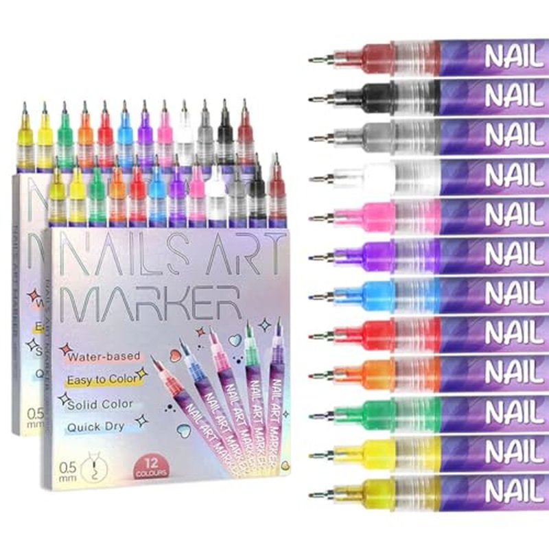 12 Colors Nail Art Pens Set With 500PCS Nail Form,New Nail Art Markers Polish Pen for Women Everyone, Nail Art Tools for Dotting Drawing Painting Point Liner DIY (2 set)