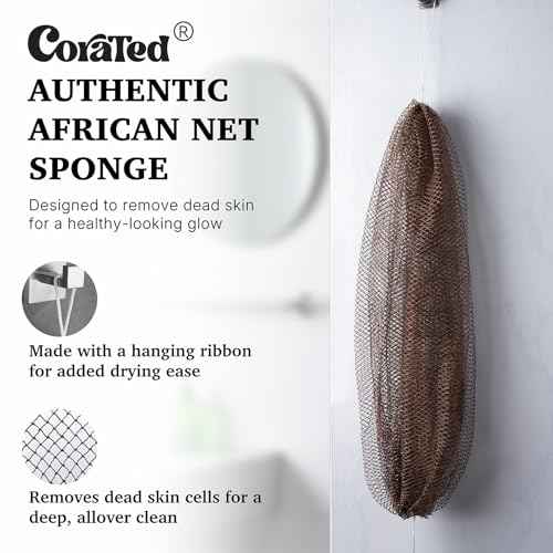 CORATED African Net Sponge Authentic, Shower Loofah Exfoliating Bath Sponge, Body Scrubber for Women and Men Daily Use Body Care, Travel Portable, Durable Bath Accessories for Bathroom (Linen & Brown)