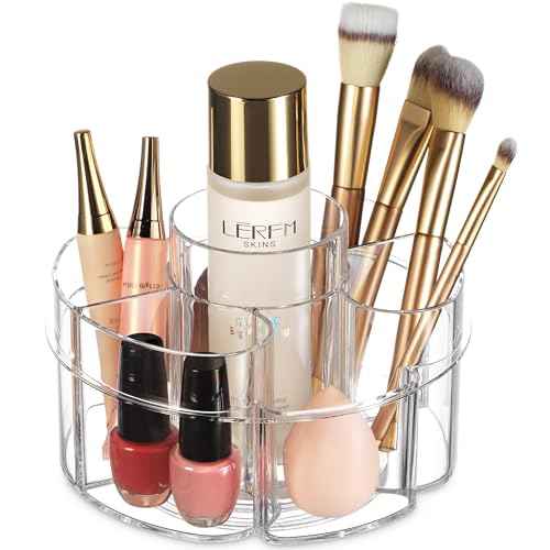 Masirs Small Rotating Makeup Organizer - Mini Yet Spacious Cosmetic Storage Solution with Multiple Compartments - The Perfect Spinning Make-Up Caddy for Vanity or Bathroom Counter (Round - Clear)