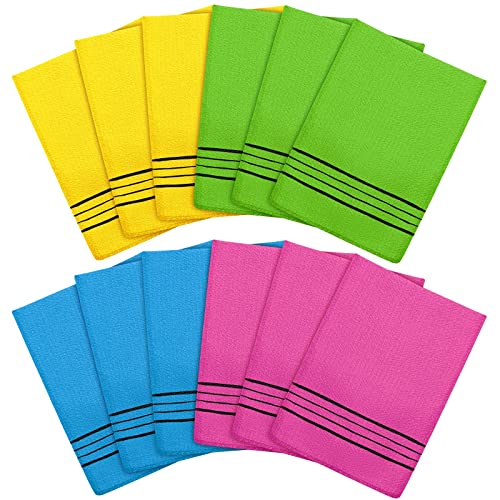 Tatuo 12 Pack Korean Exfoliating Body Mitts - 4 Colors, 8 x 5.5 in, Handheld Body Scrub Gloves for Smooth Skin