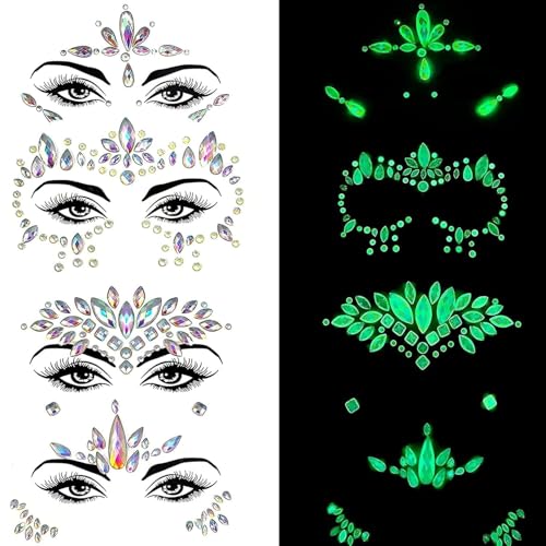 Glow in the Dark Face Gems Stickers - 4 Sets Rhinestone