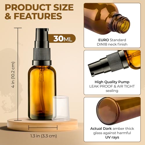 Amber Glass Pump Bottles 30ml (3-Pack) Refillable