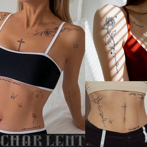 Semi-Permanent Tattoos for Adult - 2 Weeks Long Last Small Flower Words Tattoos for Women Men Hand Neck Body/Fades Naturally/No Reflection/Waterproof/Realistic, Minimal Line Art