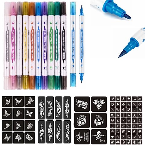 Temporary Tattoo Markers + 80 Stencils, 10-Count Body Art Pens