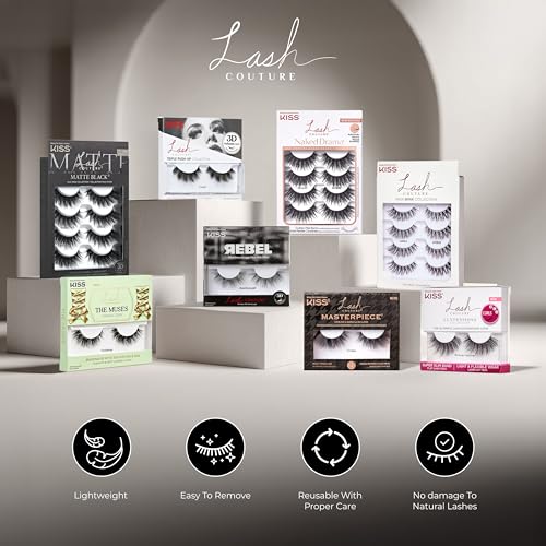 KISS Lash Couture Masterpiece Hand-Woven Faux Mink False Eyelashes, Style ¡®Avant-Garde¡¯, 12mm, Easy to Apply, Reusable, Vegan, Cruelty Free, 1 Pair Strip Lashes