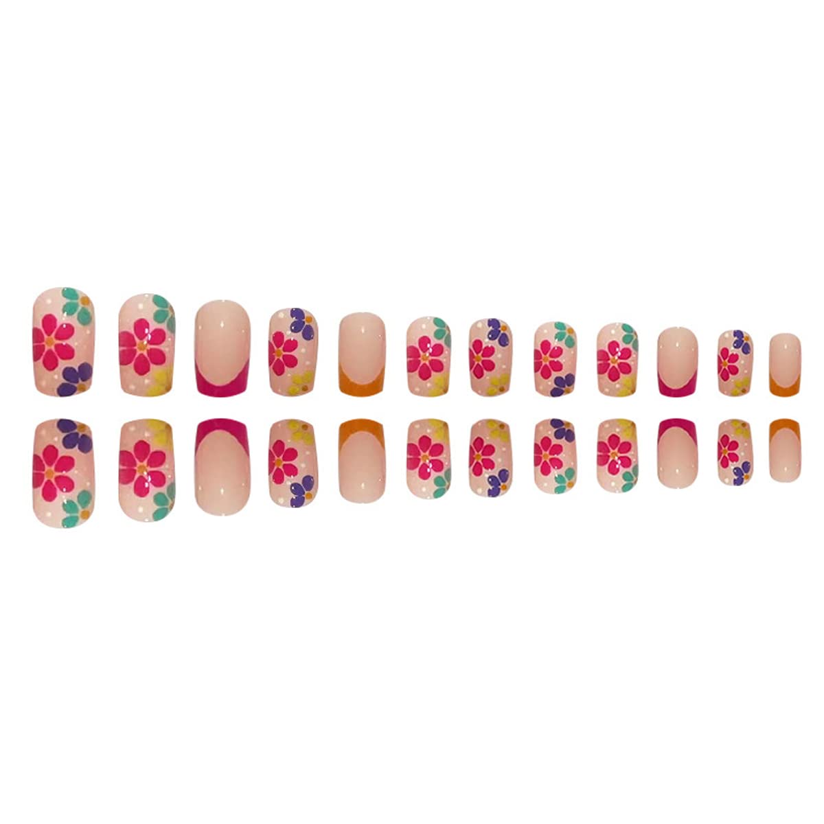 24PCS Square Press on Nails Medium Flower False Nails with Designs Nude Pink Acrylic French Nail Tips Glossy Nail Decorations Artificial Full Cover Glue on Nails Stick on Nails for Women Girls