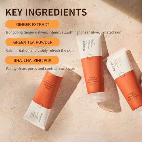 BONAJOUR] Ginger Aqua Relief Foam Cleanser - Acne relief, gentle exfoliation, pore tightening, and skin soothing for sensitive skin