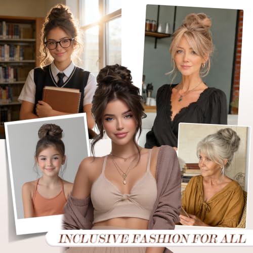 FESHFEN Messy Bun Hair Piece - Wavy Synthetic Chignon for Thick Hair, Brown Mixed Honey Blonde, 1.5 oz, Medium (22H10#)