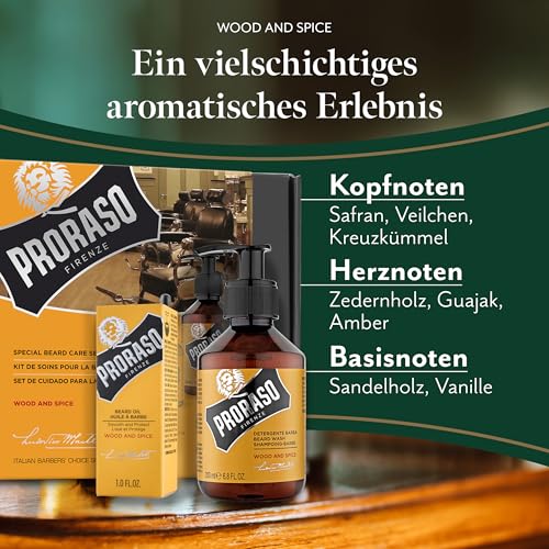 Proraso Wood and Spice Beard Care Duo Kit - Beard Wash and Oil with Warm, Woodsy Scent for Long or Full Beards - Premium Italian Gift Set for Men
