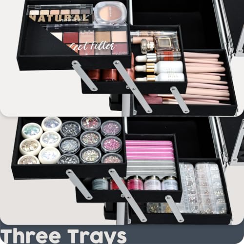 Rolling Makeup Case with 3 Sliding Trays & Wheels