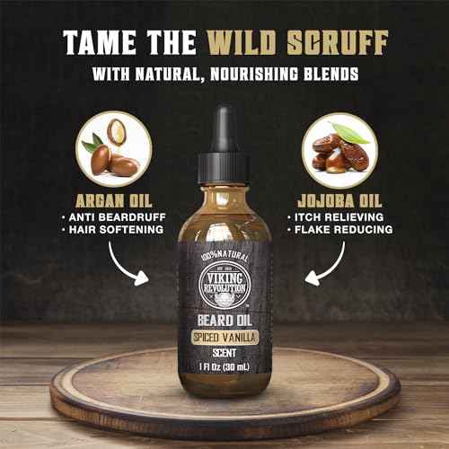 Viking Revolution Spiced Vanilla Beard Oil for Men - Natural Mens Beard Oil with Argan and Jojoba Oil - Beard Softener, Strengthens and Moisturizes