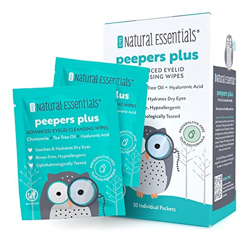 Peepers Plus Advanced Eyelid Wipes by Natural Essentials, Eyelash & Eye Wipes for Daily Use, Hydrating & Moisturizing Hyaluronic Acid & Tea Tree Oil Soothes Allergy Red & Dry Eyes, 30 Count