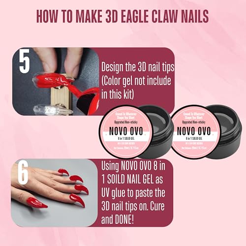 NOVO OVO 3D Eagle Claw nails kit, 1 Full Cover Curved Stiletto Nail tips (120pcs) with 2 Solid Sulpture Gel Glue (20ml each), to Make Press on x Extension Acrylic Hawk Raptor Sharp Fake Cosplay Nails