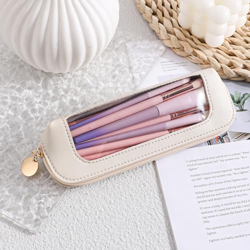 Small Clear Makeup Bag, Portable PU Leather Cosmetic Pouch Beige