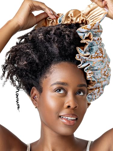 Bounce Curl Reversible Satin Night Cap for Curly Hair - Blue, Adjustable Bonnet