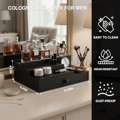 Cologne Organizer for Men,Solid Wood Cologne Stand with Drawer and Hidden Compartments, Cologne Shelf,Dresser Organizers,Organizador de Perfumes,Perfume Stand Organizer for Bedroom,Black