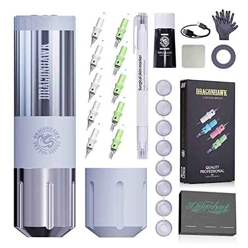 Dragonhawk Tattoo Kit Rotary Cordless S1 Plus Pen Gun Machine 10Pcs Needles Cartridges Black Ink for Beginners Practice