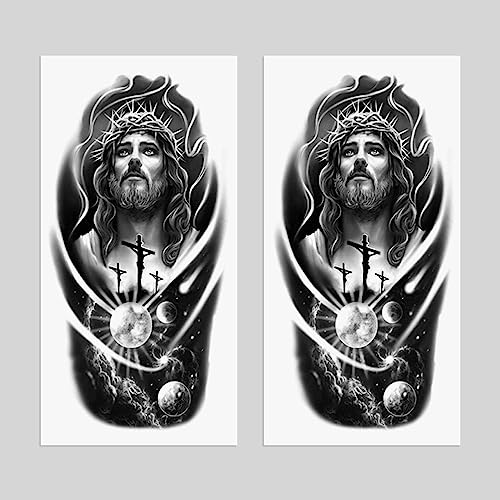 2 Sheets Realistic Animal Temporary Tattoos Stickers Jesus God Cross Space Planet Designs For Men Waterproof Arm Leg Fake Body Art, Gym & Parties Bold Masculine Decals