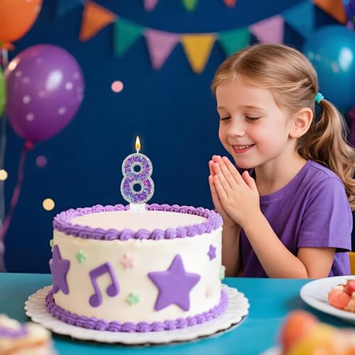 Number 8 Birthday Candle - Purple & Silver Glitter Cake Topper