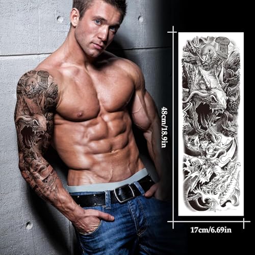 VERKSTAD 12 Sheets Large Full Arm Temporary Tattoos for Adults, Waterproof Realistic Flower Myth Angel Skull Fake Tattoos, Eagle Dragon Horse Tattoo Kits Hand Body Art for Parties Festivals Cosplay
