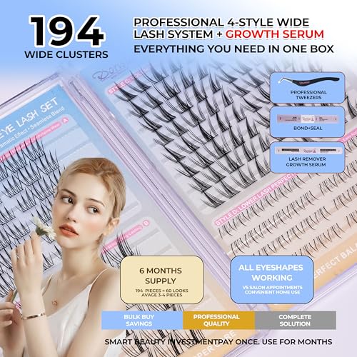 Dorisue Luxury 8-Founction(3 Upper + 1 Lower) Cluster Lashes Kit with Eyelash Growth Serum - 168PCS Complete System (, Bond Seal Remover, Hypoallergenic Waterproof Professional Set