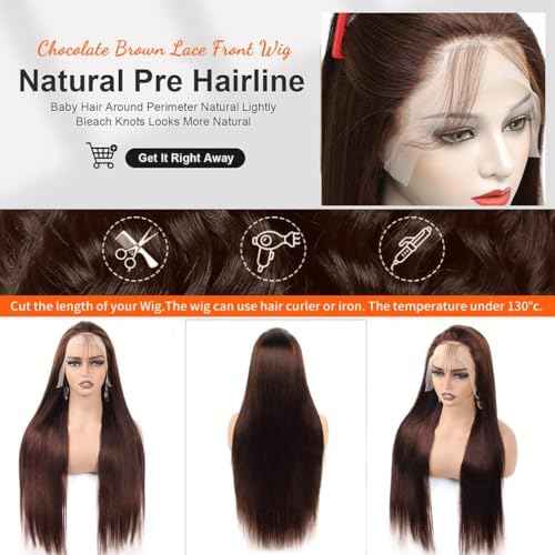 10 Inch Chocolate Brown Lace Front Wigs Human Hair Pre Bleached 200% Density 13x6 HD Straight Lace Front Wigs Pre Plucked with baby Hair