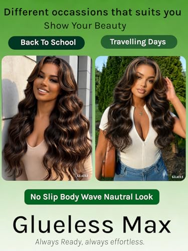KLAIYI Loose Body Wave Lace Front Wig with Drawstring, 7x5 No Slip, Golden Brown Highlights, 16 Inch, Pre-Plucked, Bleached Knots, Ready to Wear