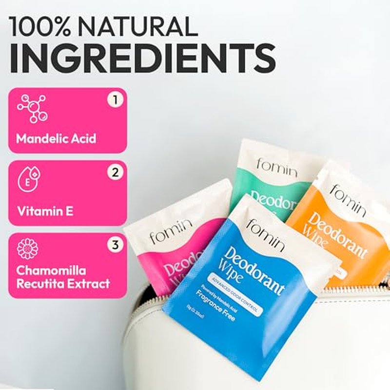 FOMIN Travel Deodorant Wipes - 15 Count, Patchouli Blossom, pH Balanced