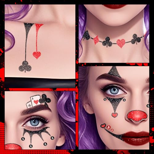 Cerlaza Halloween Decorations, Clown Face Makeup Temporary Tattoos+Black Red Faces Gems, Glitter Clown Face Paint Kit Halloween Costumes Rave Party Favors, Festival Cosplay Outfits Accessories