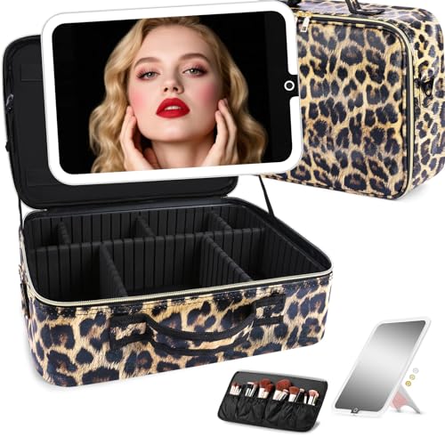 Large Travel Makeup Bag with LED Detachable Mirror - Leopard, Extra Large, Waterproof