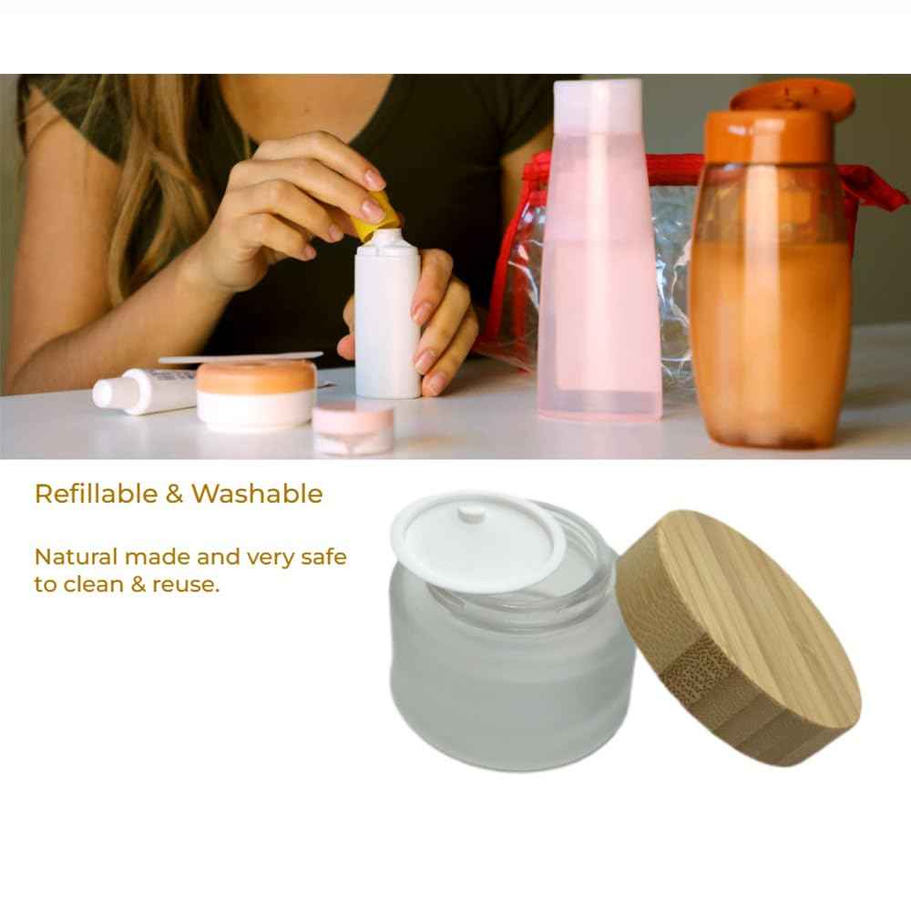 BEECO GIF2U Empty Refillable Frosted Glass Cosmetic Cream Jar 4 Pack 6.7 OZ/200g with Bamboo Lids,Skin Care Travel Containers Pot for Clay Masks,Butter,Body Scrub,Lip Balm, Ointments, Lotion Frost